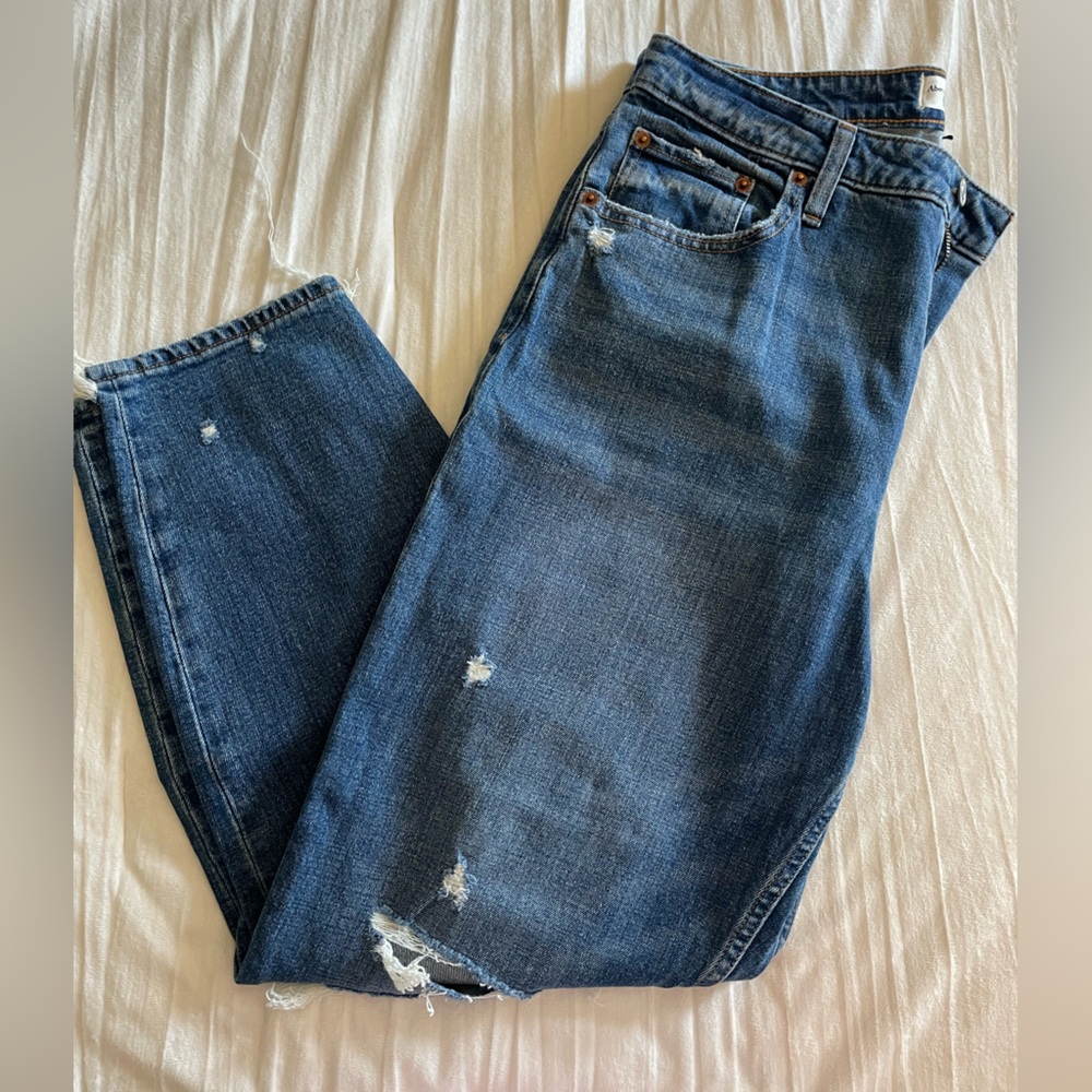 Abercrombie & Fitch The Mom High Rise Distressed Blue Jeans